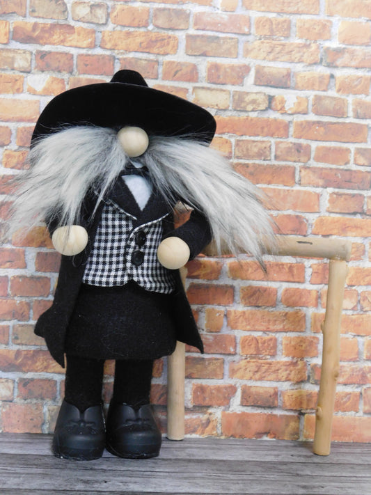 Gnome, Cowboy gnome in black, sheriff gnome, country gnome, black/white checked vest.