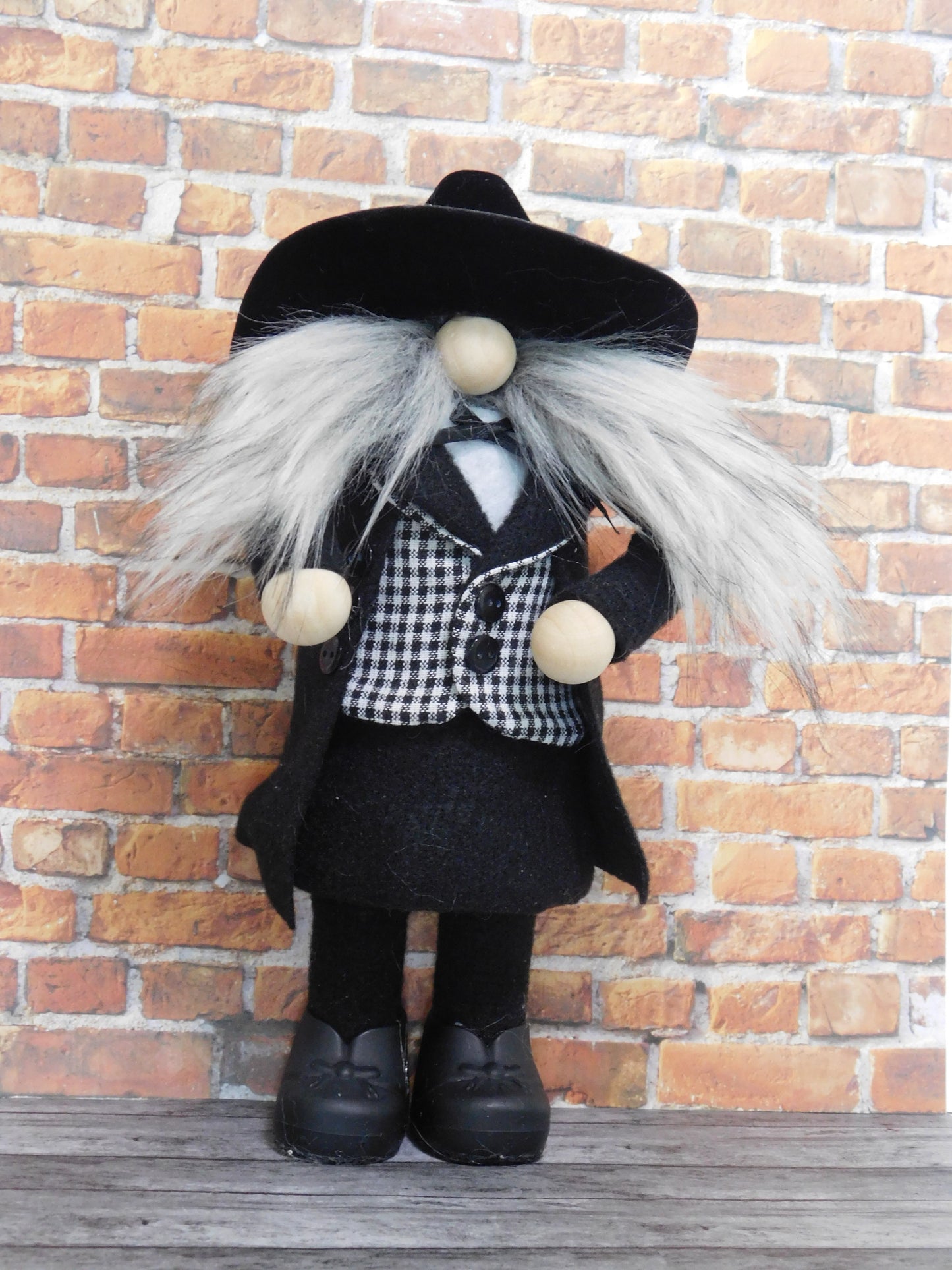 Gnome, Cowboy gnome in black, sheriff gnome, country gnome, black/white checked vest.