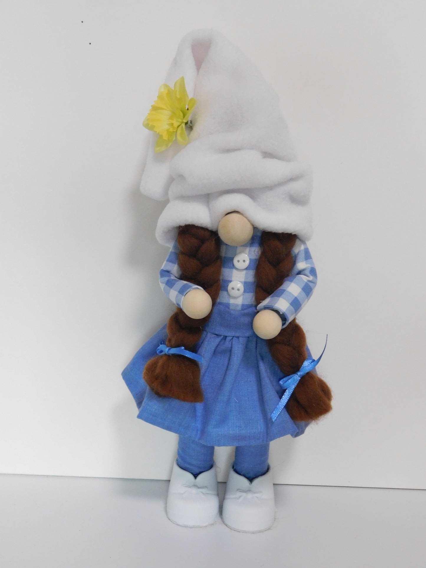 Girl Gnome in blue & gingham, Country Gnome, Spring Gnome, Standing girlGnome