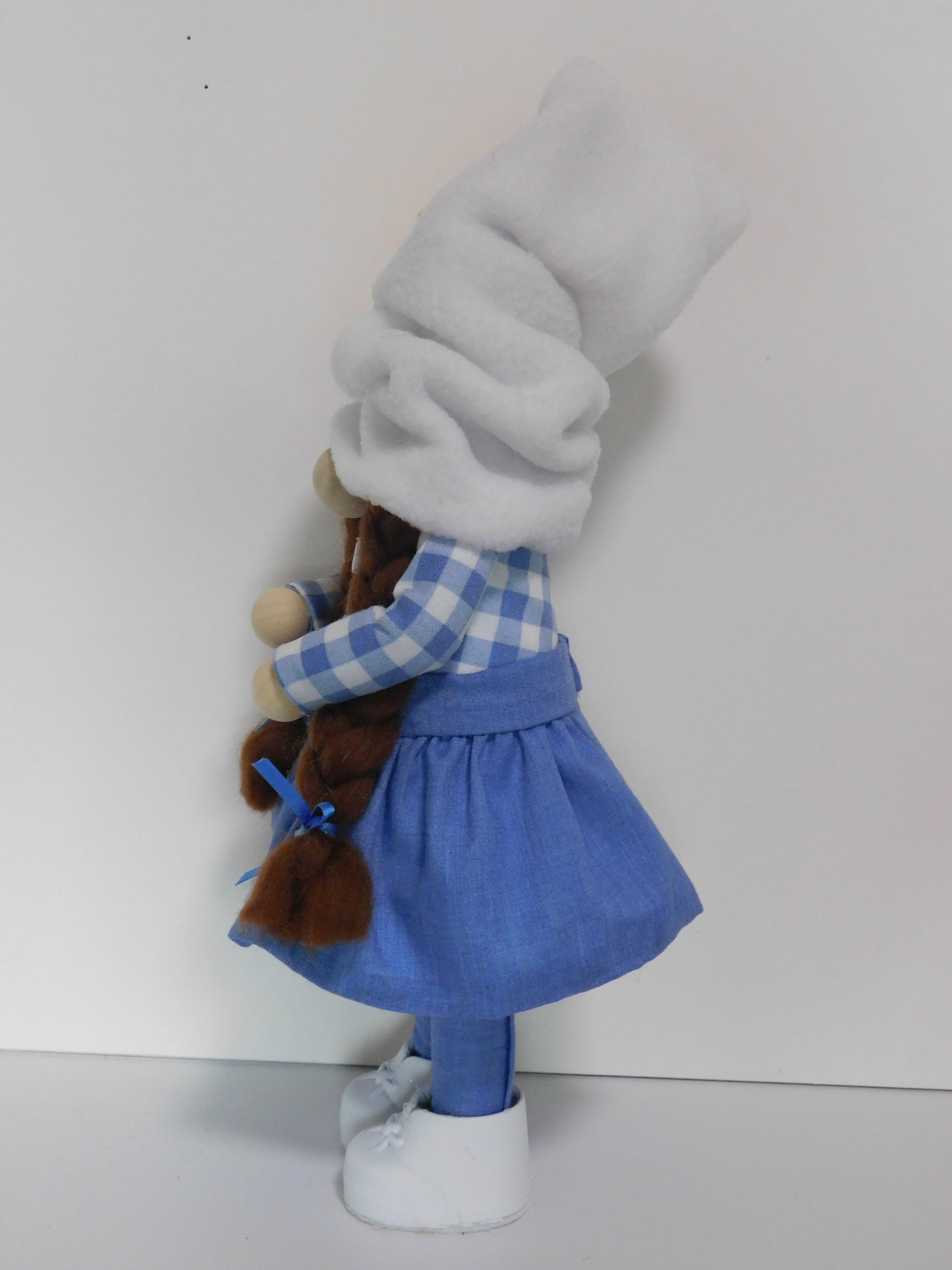 Girl Gnome in blue & gingham, Country Gnome, Spring Gnome, Standing girlGnome