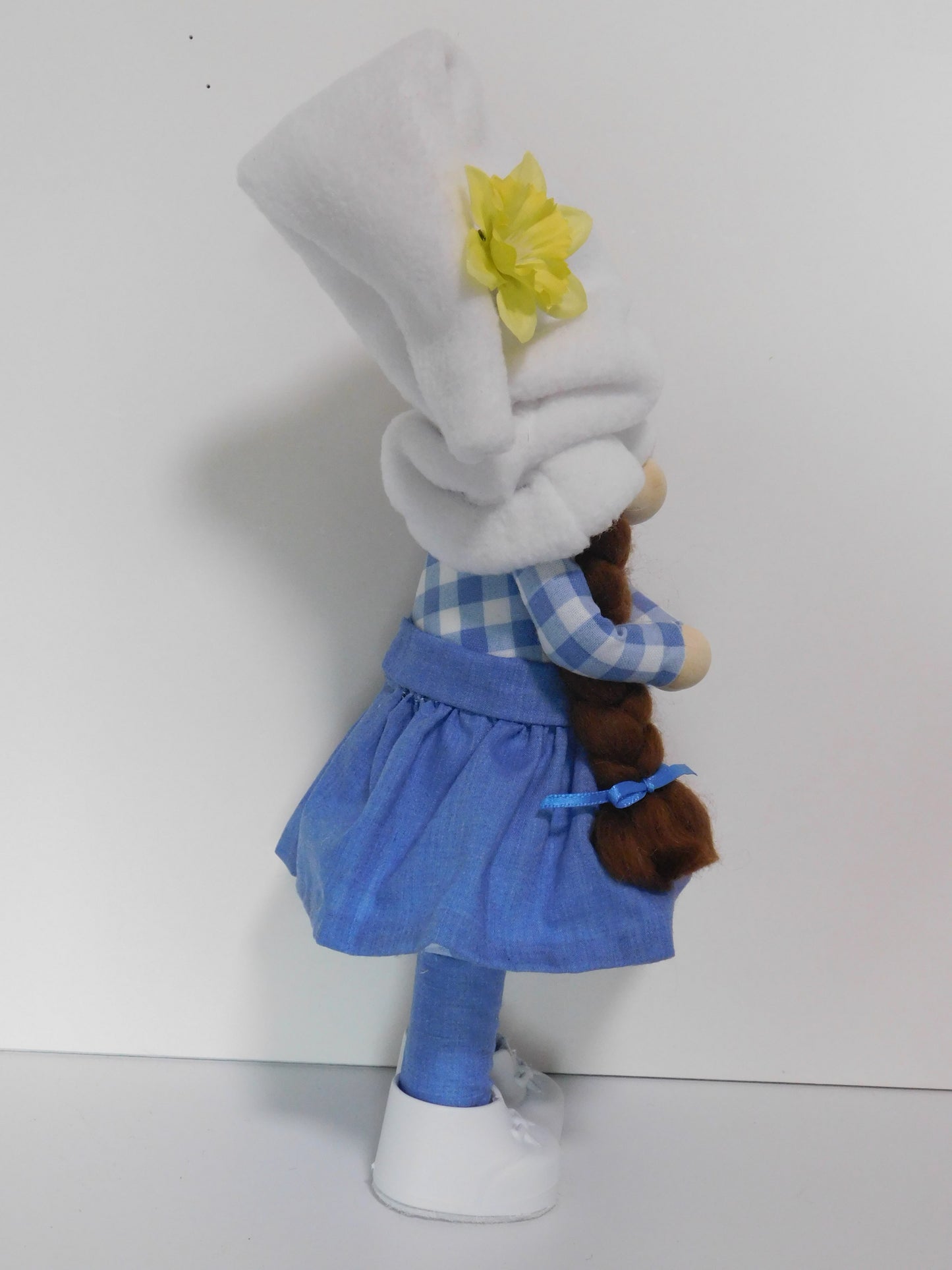 Girl Gnome in blue & gingham, Country Gnome, Spring Gnome, Standing girlGnome